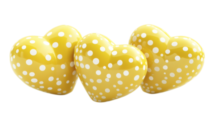 Three yellow heart shapes with white patterns isolated on a white background 3D render