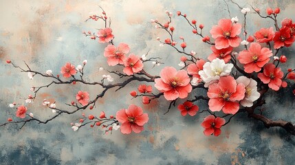Soft pink and white plum blossoms rendered in ink painting style, an elegant Chinese style ink painting floral pattern suitable for wallpaper, textiles and home decor.