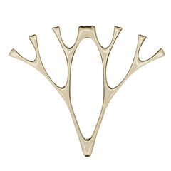 Intricate 3D artwork featuring a polished gold metallic object with a symmetrical, branching design and smooth, reflective surfaces. Suitable for representing networks, abstract beauty, or luxurious 