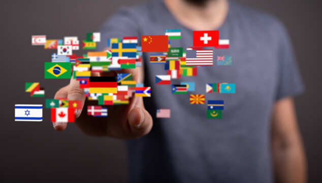 International collaboration, global network, world map, flags, connection, communication, teamwork, business, technology