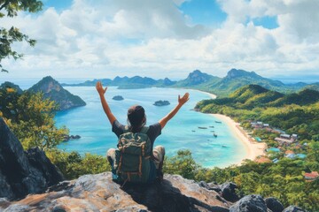 Obraz premium Person with Backpack Enjoys Ocean View From Mountain Peak