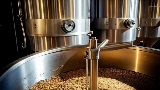 Shiny stainless steel mash tun and equipment in brewery for producing spirits or beer, malted grains in vessel