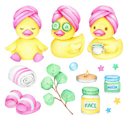 Watercolor rubber yellow ducks and bath elements.Selfcare.Spa and relax.Cartoon duck.Kids clip art.Bathroom elements