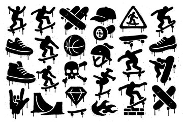 Graffiti Skateboarding Icons – Black Spray Paint Symbol Collection