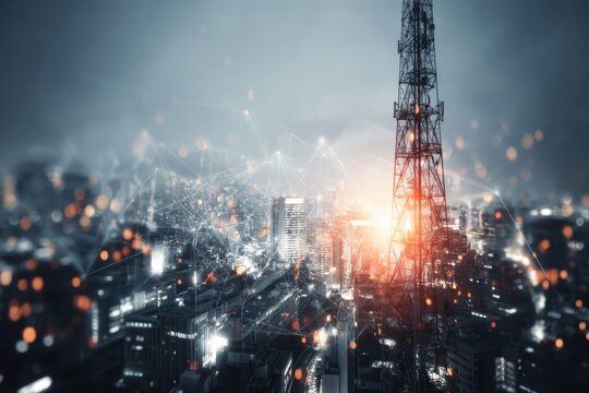 An impressive futuristic cityscape at night, featuring a towering structure illuminated with colorful lights. - Powered by Adobe