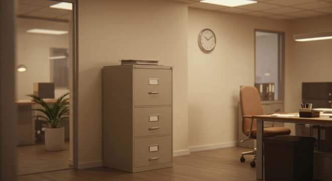 Empty office space: Filing cabinet, desk, and clock under warm lighting.