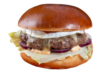 Burger with meat cutlet and vegetables on paper