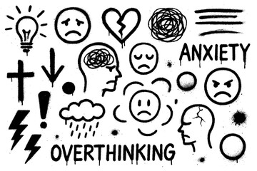 Mental Health Symbols – Graffiti Spray Paint Icons with Dripping Ink