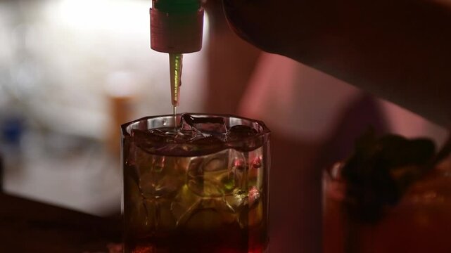 Professional bartender crafting exquisite cocktail in slow motion with premium ingredients and techniques