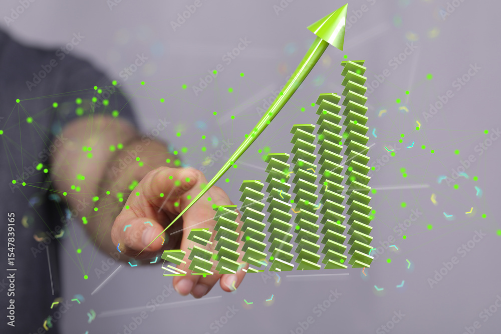 Poster stock photo of a hand interacting with a 3d bar graph showing upward growth, symbolizing business su
