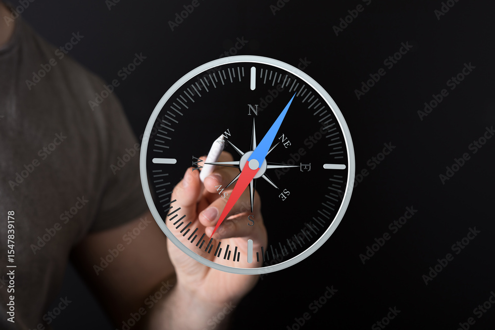 Poster A person interacts with a digital compass, illustrating navigation or direction finding.