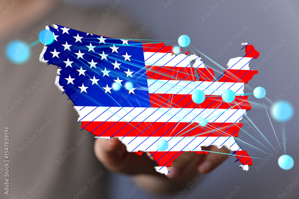 Poster High-quality image of a US map with a network, ideal for business and technology concepts.