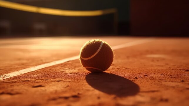 Sunlit tennis ball on clay court with shadow in warm evening light