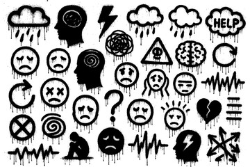 Mental Health Symbols – Graffiti Spray Paint Icons with Dripping Ink