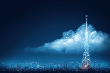A futuristic 6G tower standing tall in a high-tech cityscape, glowing brightly against the night sky.