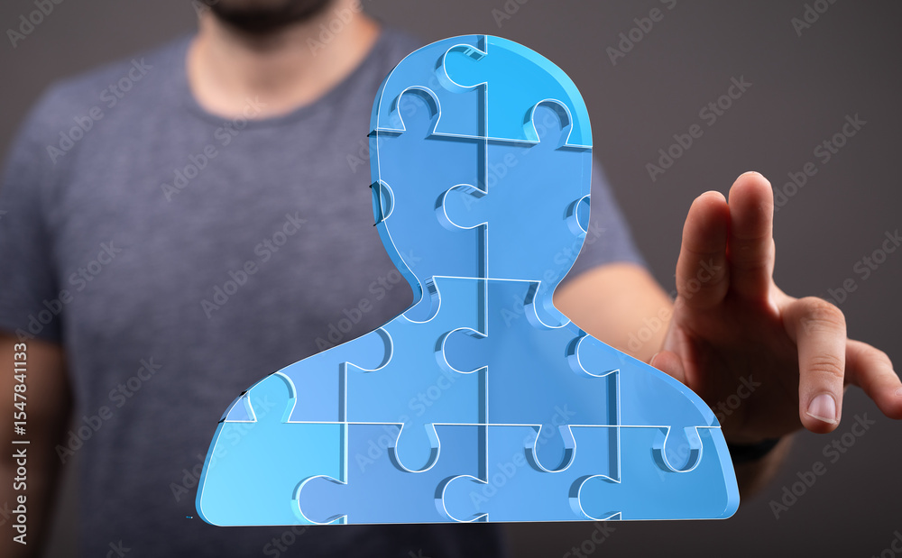 Poster abstract puzzle person graphic. teamwork, collaboration, and problem-solving concept.