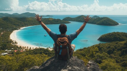 Man with Backpack Celebrates on Mountain Top Overlooking Tropical Beach