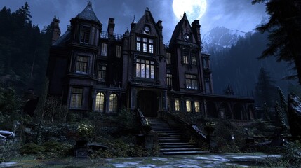 Mysterious Gothic Mansion Under Moonlight in Enchanted Forest