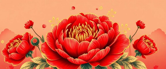 Vintage gold floral pattern on red peony, oriental Chinese style illustration, wallpaper, ink