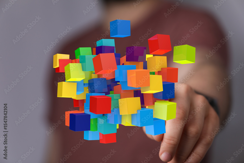 Poster Abstract image of colorful cubes representing data, network, technology, and connection.