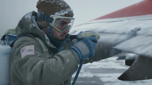 Man Deicing Airplane Wing with Goggles and Hooded Jacket in Snowy Weather with American Flag Patch On Uniform in Daytime