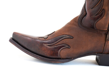 Timeless Western Elegance. Fashion-forward leather boot with heritage-inspired patterns. on white background.