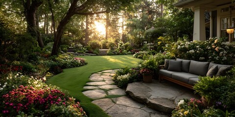 Winding flagstone path meanders through a lush garden at golden hour, bordered by vibrant flowerbeds and a cozy outdoor sofa on the patio.