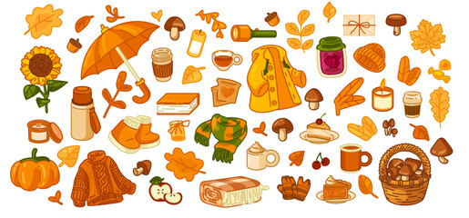 Cozy Autumn Elements Vector Collection — Large cartoon-style set of cozy autumn objects including clothes, drinks, food, leaves, mushrooms, and seasonal decor. Flat illustrations in warm colors. 