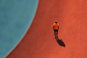 A solitary player in bright clothing prepares on a colorful tennis court under clear skies during daytime
