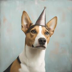 Hyperrealistic illustration of Basenji dog in a party hat against light background