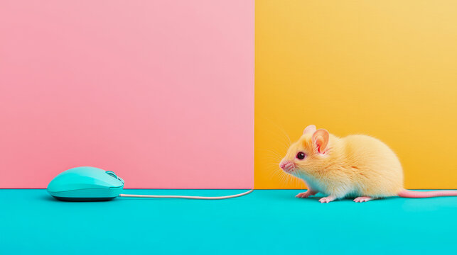 Computer mouse, Concept: Humor and technology, A real small rodent with tech accessories against a bright colorful dual tone panel.
