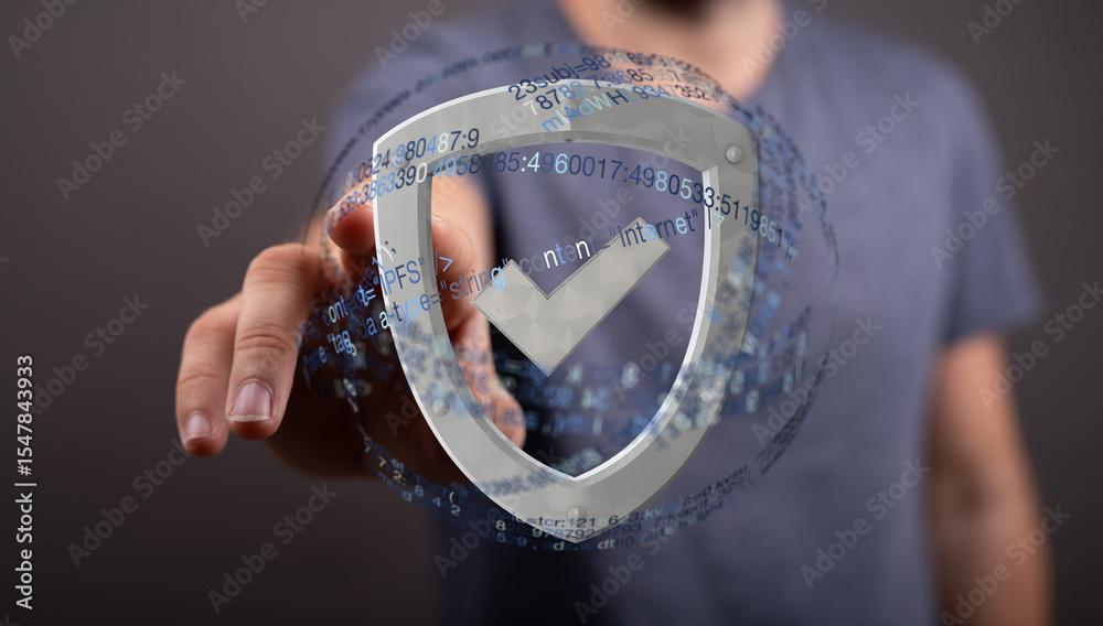 Poster Image of a person interacting with a digital shield, representing data protection and online security.