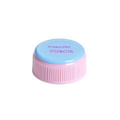 Pink and Light Blue Plastic Bottle Cap with "measured miracle" Text