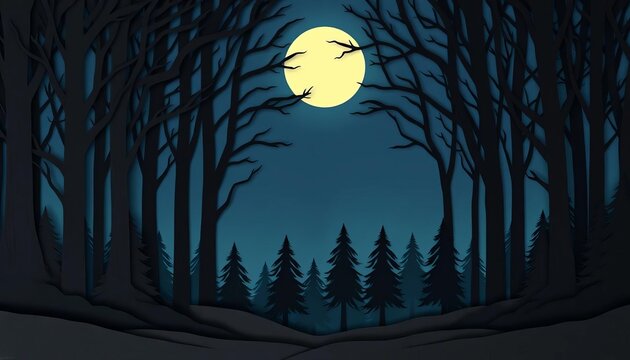 Dark forest scene, paper cut style, moonlit trees,  vector illustration,  magical,  papercraft