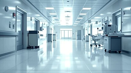 Long empty hospital corridor with doors and surgical equipment in modern medical facility