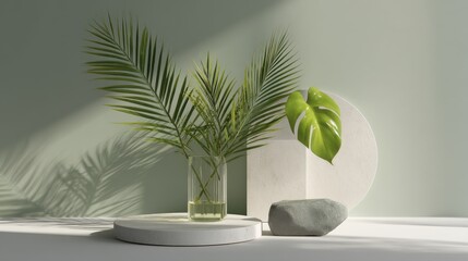 Fototapeta premium Palm leaves and monstera leaf in a vase with stone decoration