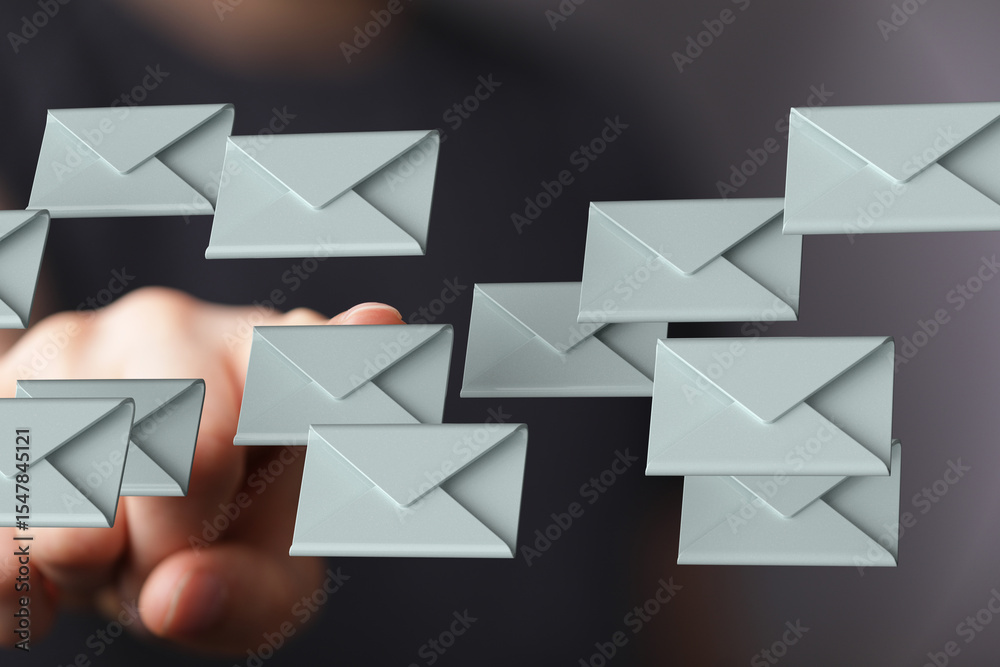 Poster Abstract image of a hand interacting with digital email icons, representing inbox management.