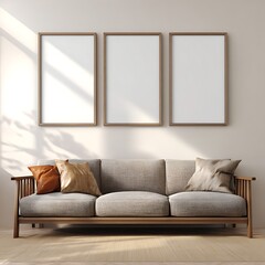 Three light wood framed blank canvases above grey sofa with beige and orange pillows
