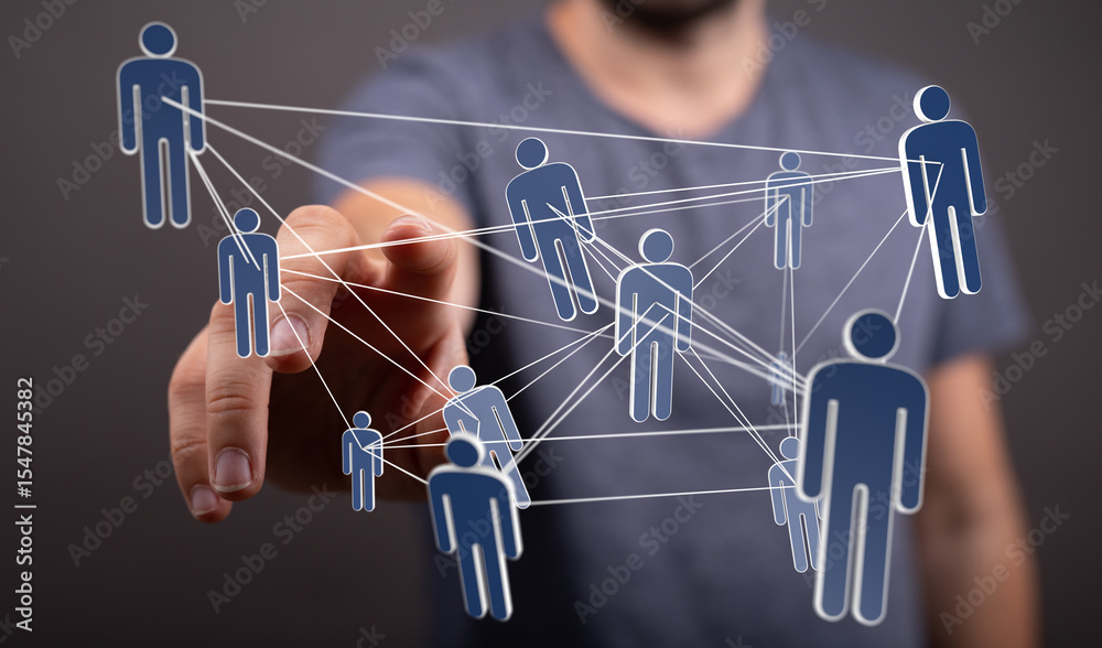 Poster image of a hand interacting with a digital network of people, representing global connections and on