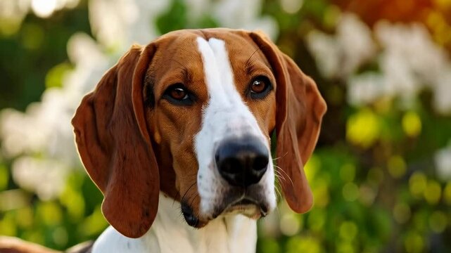 Close-up portrait of a tri-colored hound dog looking intently at the camera amidst a green floral garden in soft sunlight.