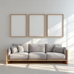 Fototapeta premium Three Light Wood Framed Pictures Above Gray Sofa light wood frames