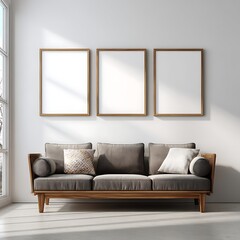Three Light Wood Framed Pictures Above Gray Sofa three frames 1