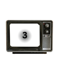 An old-fashioned television set with a blank screen displaying the number three.