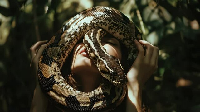 A woman holds a large python wrapped around her face. Exotic beauty, the connection between man and nature.
