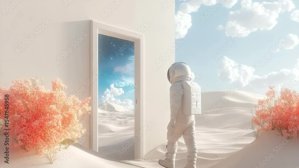 Poster a mysterious door in the middle of the desert, opening the way to the stars. an astronaut is ready t