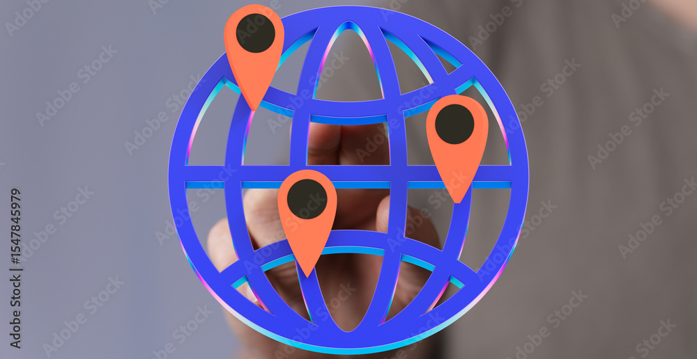 Poster Illustrative image of a global network with multiple location pins.
