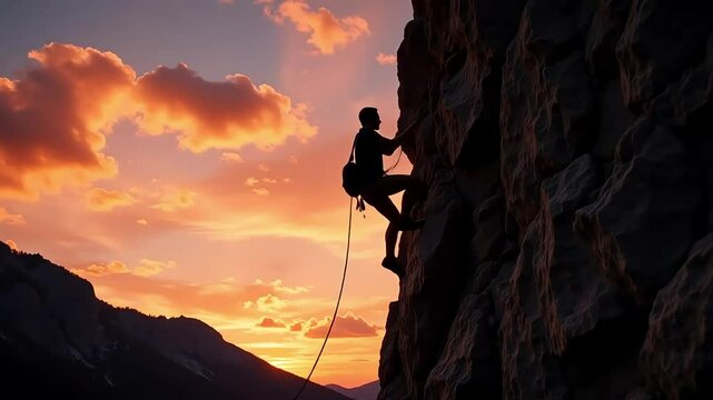 Silhouette of rock climber scaling cliff at sunset with colorful mountain sky
