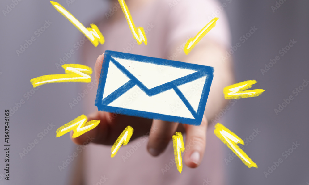 Poster Bright image of a hand presenting an email icon, symbolizing fast communication and new messages.
