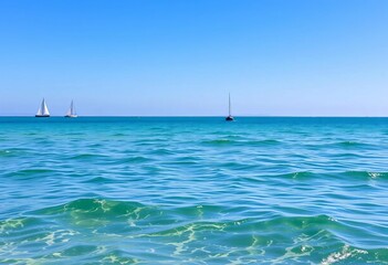 Calm summer sea, gentle waves, distant sailboats under sunny sky,  tranquility,  yacht