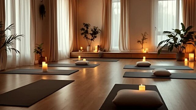 Tranquil yoga studio interior with candles yoga mats and natural light calming ambiance
